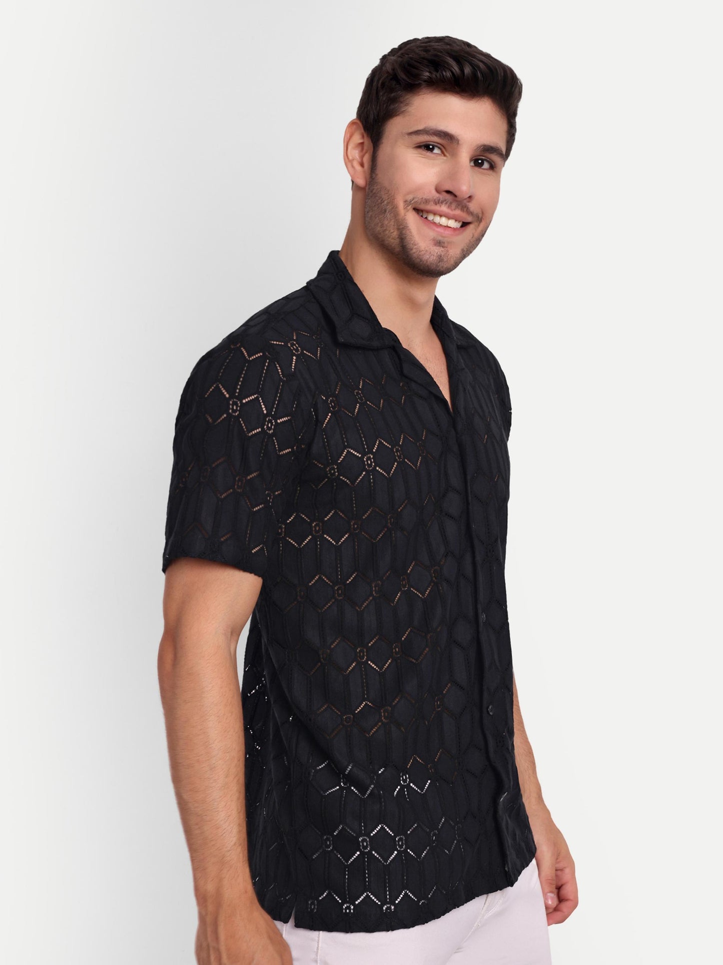 Graphite Hex Crochet Half Sleeve Shirt for men online - Clotheist