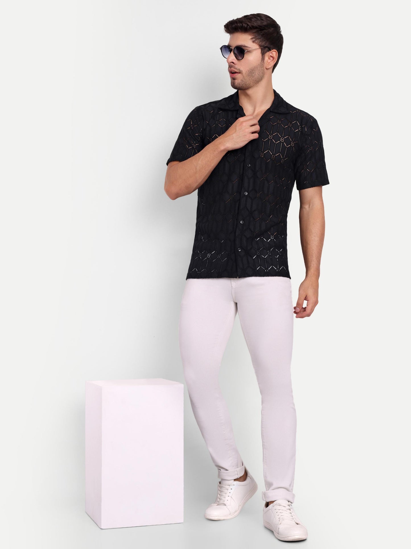 Graphite Hex Crochet Half Sleeve Shirt for men online - Clotheist