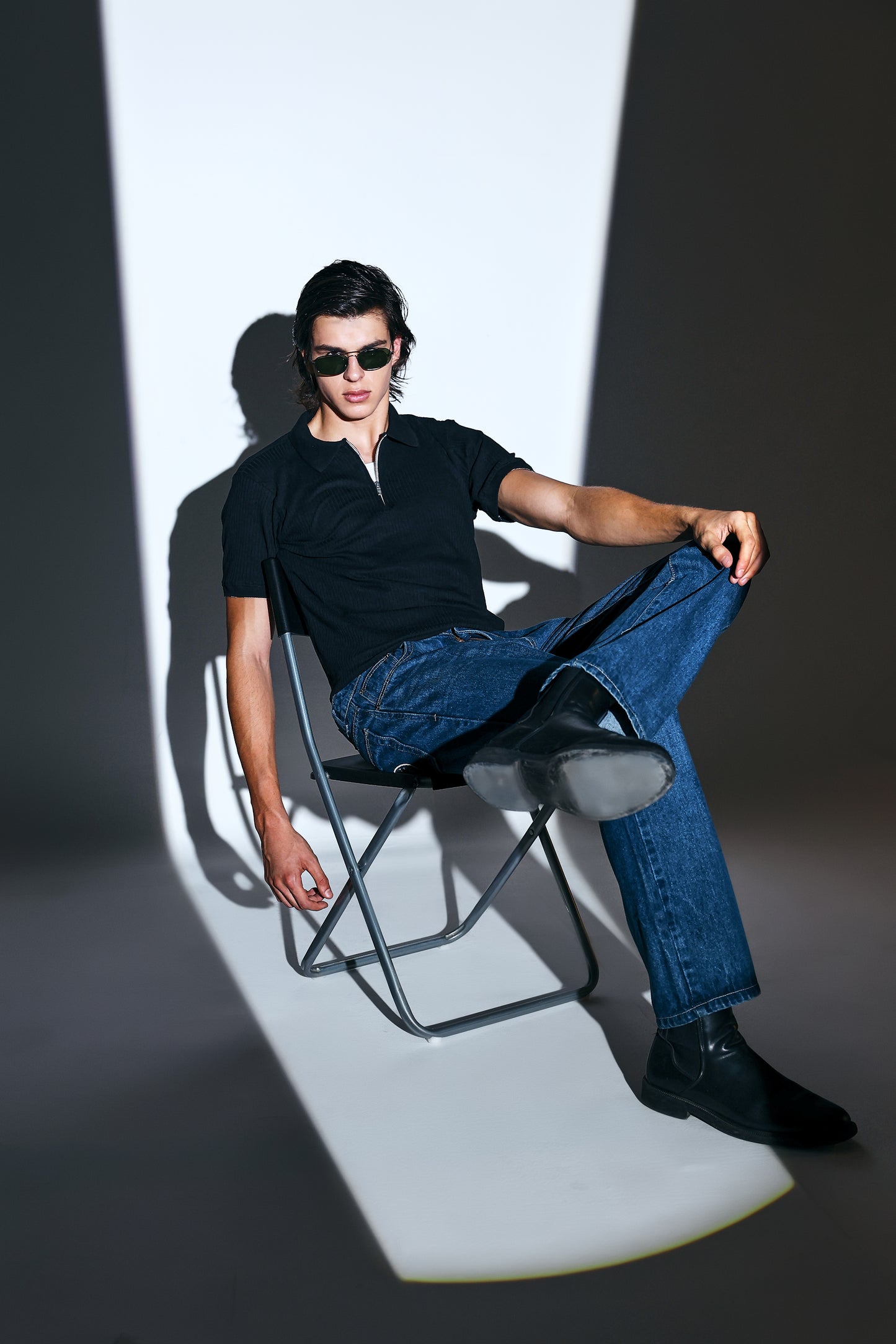 Black Ribbed Polo T-Shirt with Zip for men online
