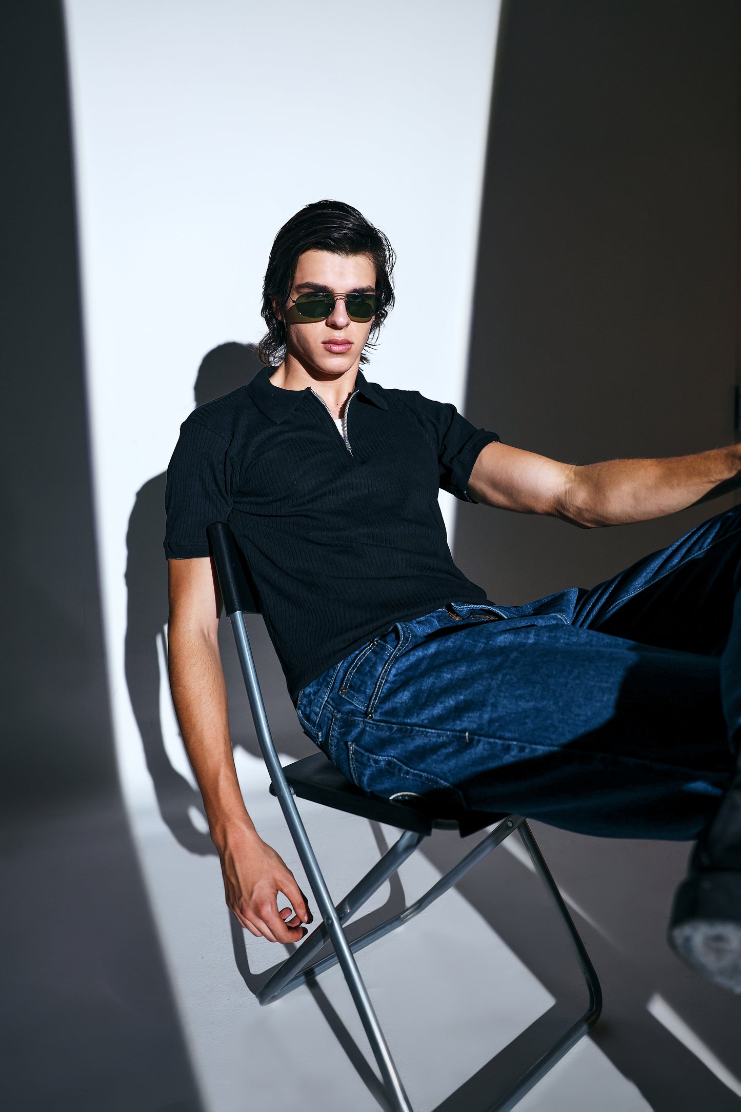 Black Ribbed Polo T-Shirt with Zip for men online