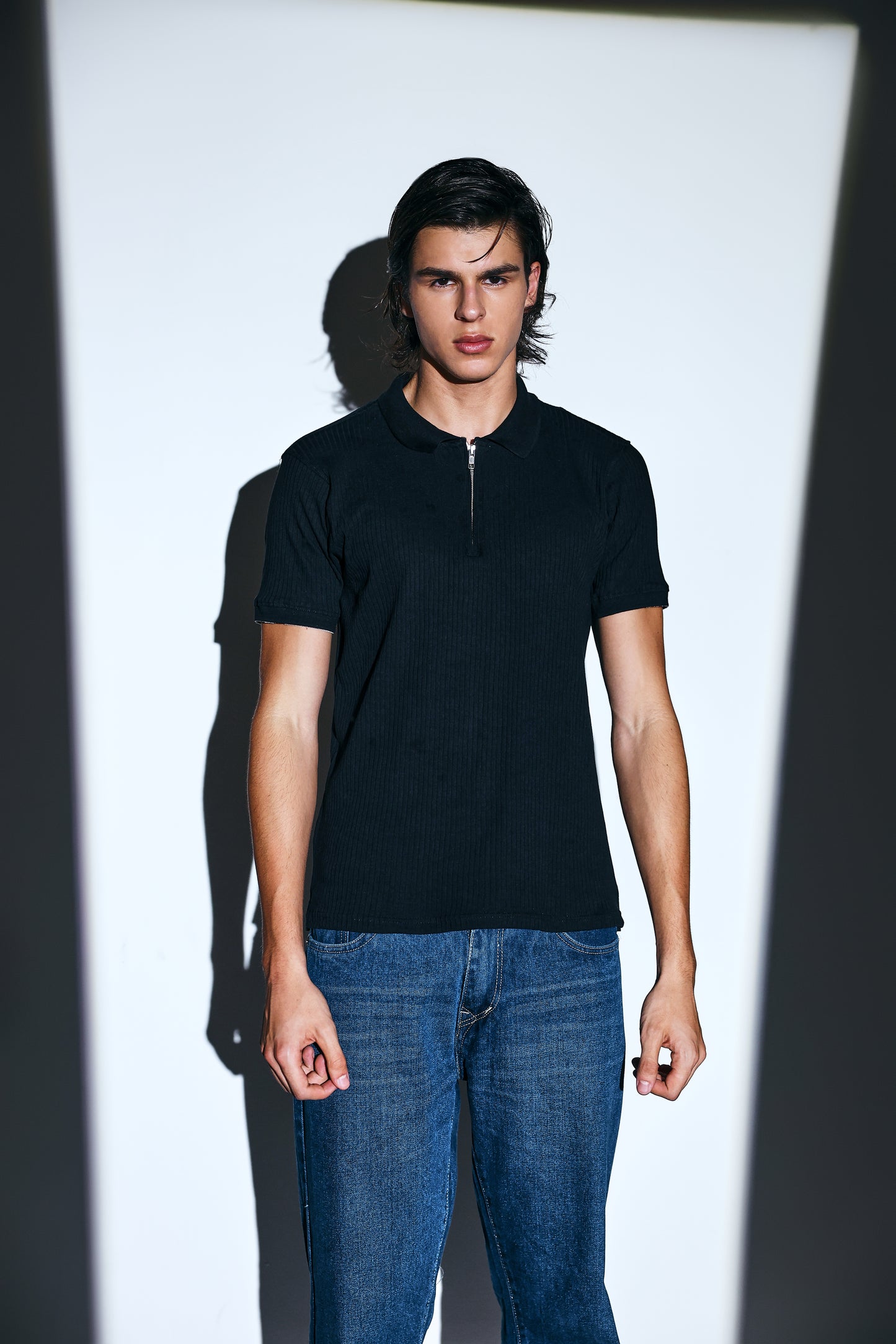 Black Ribbed Polo T-Shirt with Zip for men online