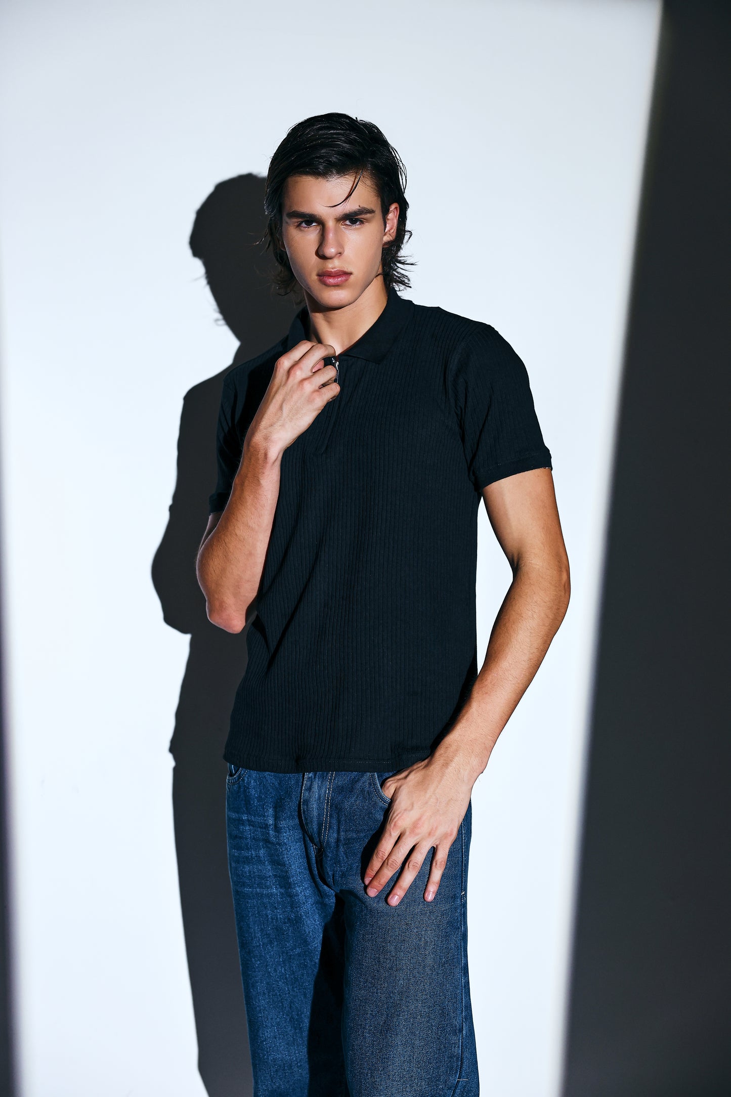 Black Ribbed Polo T-Shirt with Zip for men online