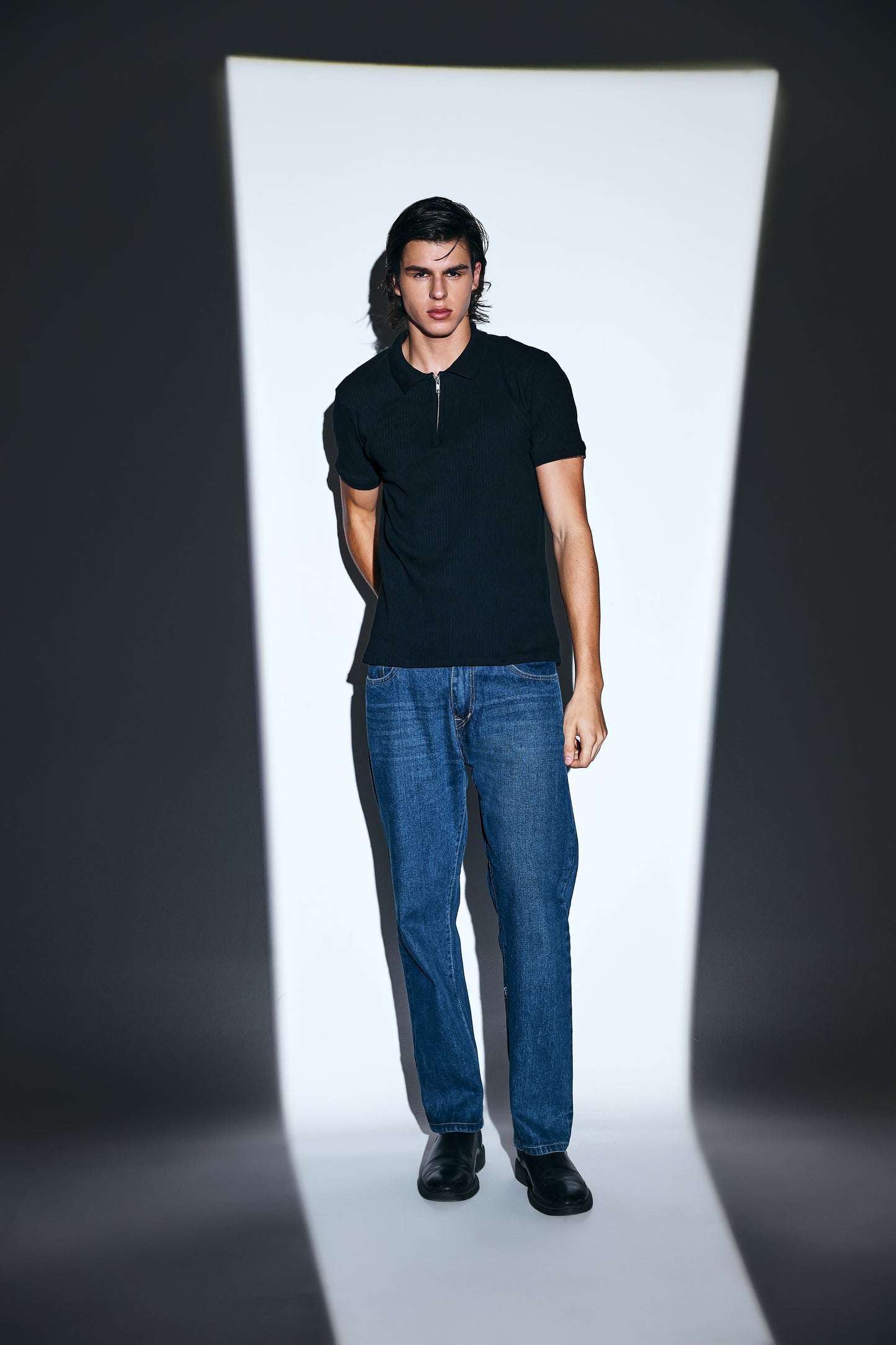 Black Ribbed Polo T-Shirt with Zip for men online