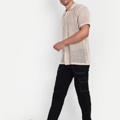 Ivory Mesh Crochet Half Sleeve Shirt for men online - Clotheist