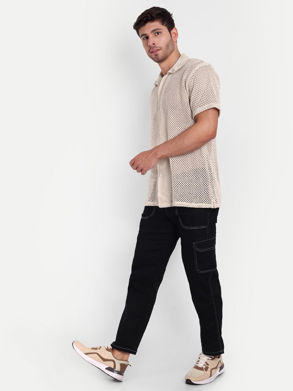 Ivory Mesh Crochet Half Sleeve Shirt for men online - Clotheist