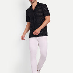 Graphite Hex Crochet Half Sleeve Shirt for men online - Clotheist