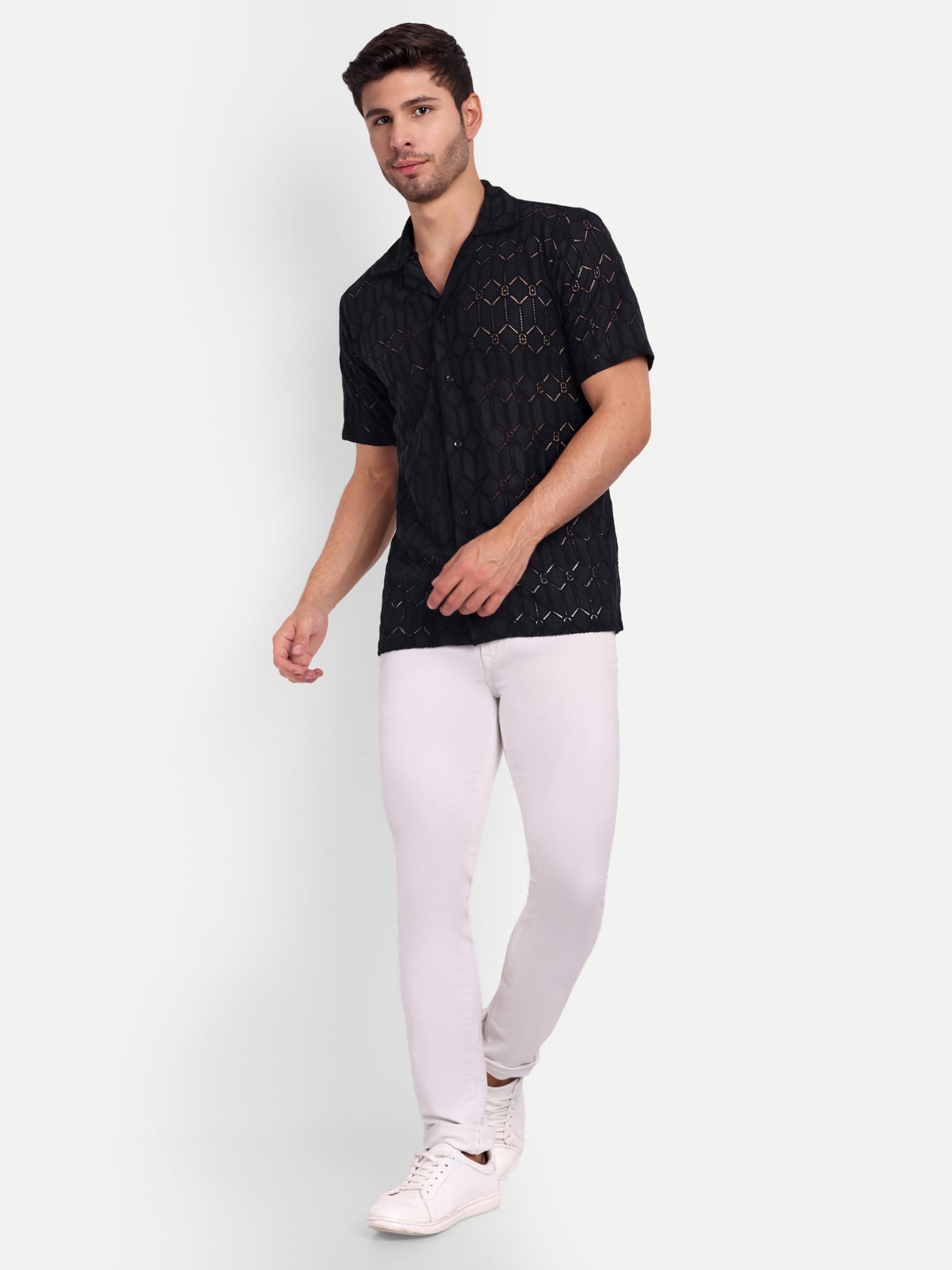 Graphite Hex Crochet Half Sleeve Shirt for men online - Clotheist