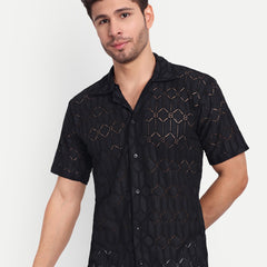 Graphite Hex Crochet Half Sleeve Shirt for men online - Clotheist