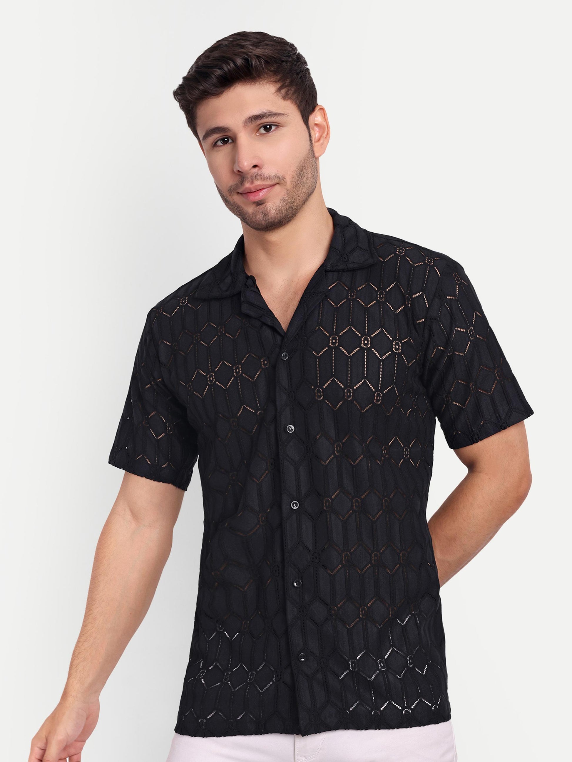 Graphite Hex Crochet Half Sleeve Shirt for men online - Clotheist