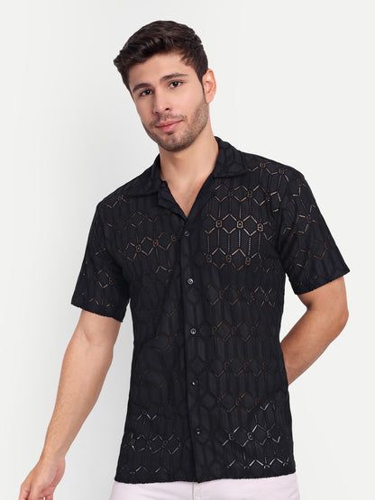 Graphite Hex Crochet Half Sleeve Shirt for men online - Clotheist