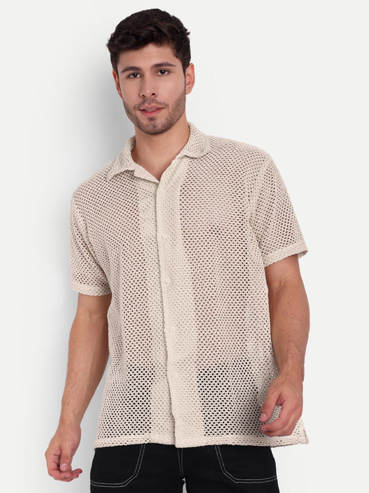 Ivory Mesh Crochet Half Sleeve Shirt for men online - Clotheist