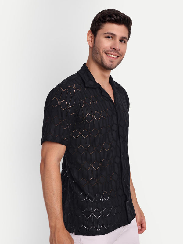 Graphite Hex Crochet Half Sleeve Shirt for men online - Clotheist