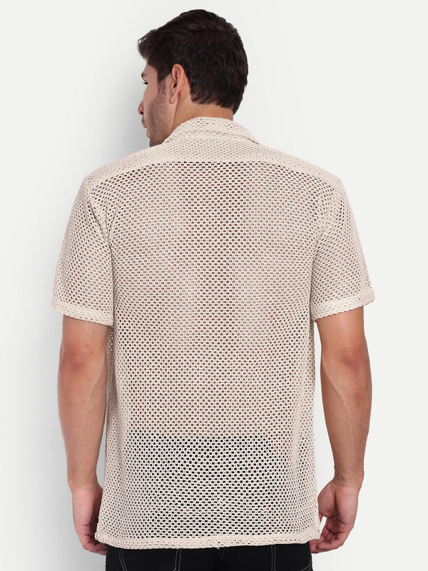 Ivory Mesh Crochet Half Sleeve Shirt for men online - Clotheist