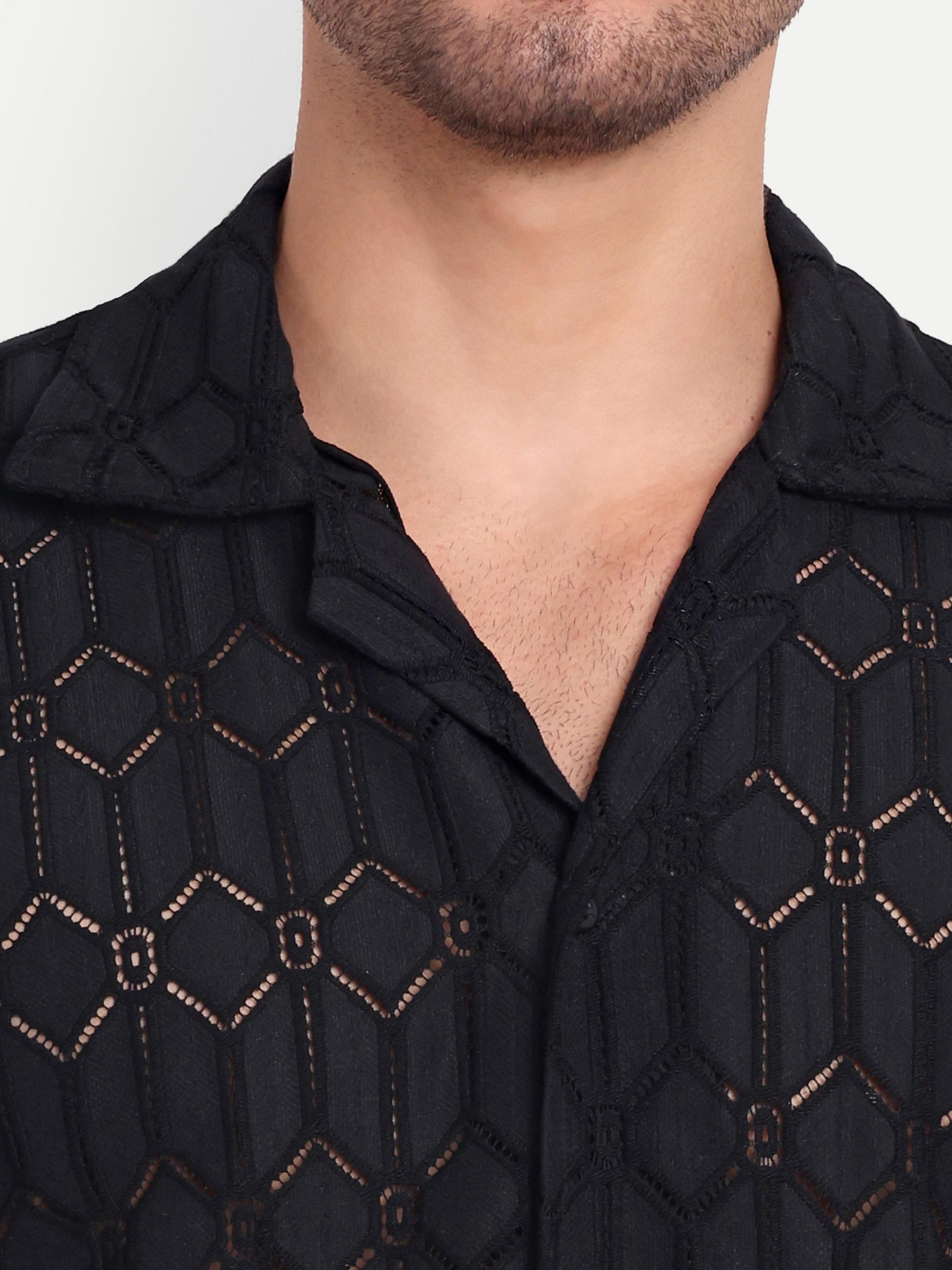 Graphite Hex Crochet Half Sleeve Shirt for men online - Clotheist