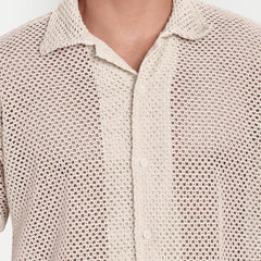 Ivory Mesh Crochet Half Sleeve Shirt for men online - Clotheist