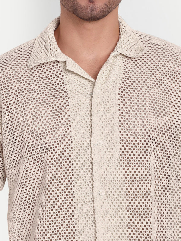 Ivory Mesh Crochet Half Sleeve Shirt for men online - Clotheist
