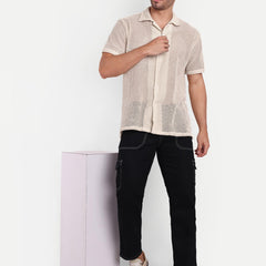 Ivory Mesh Crochet Half Sleeve Shirt for men online - Clotheist