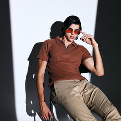 Clay Brown Waffle Knit Polo with zip for men online 