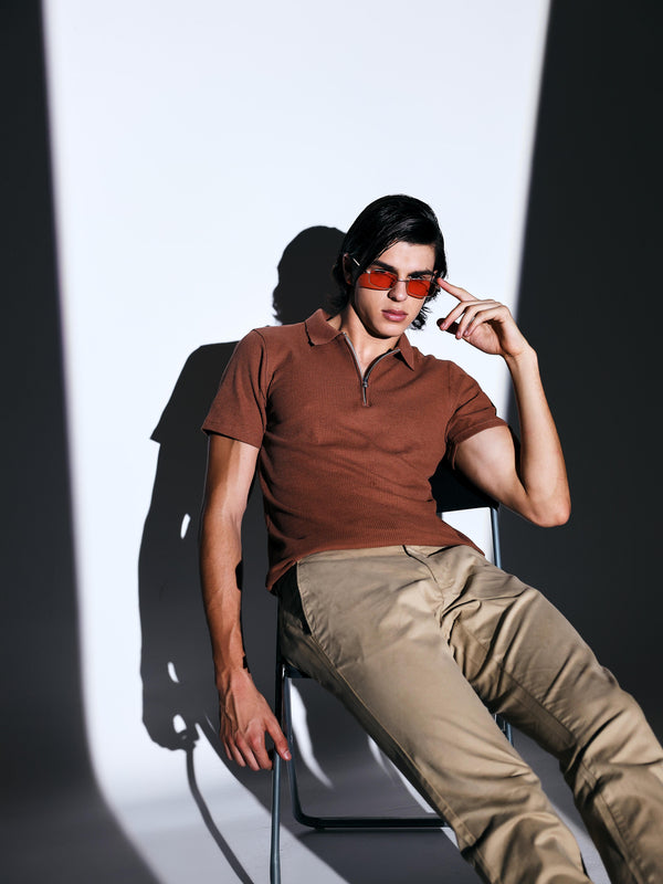 Clay Brown Waffle Knit Polo with zip for men online 