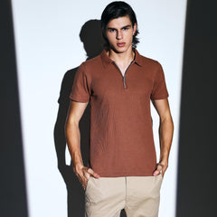 Clay Brown Waffle Knit Polo with zip for men online 