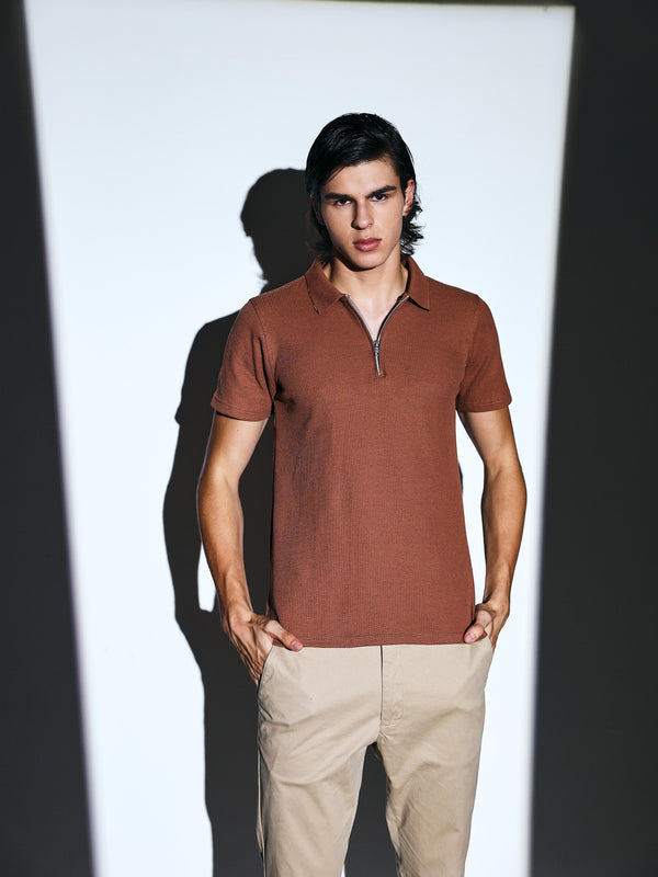 Clay Brown Waffle Knit Polo with zip for men online 