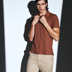 Clay Brown Waffle Knit Polo with zip for men online 