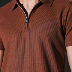 Clay Brown Waffle Knit Polo with zip for men online 