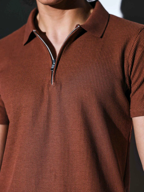 Clay Brown Waffle Knit Polo with zip for men online 