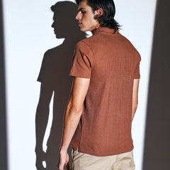Clay Brown Waffle Knit Polo with zip for men online 