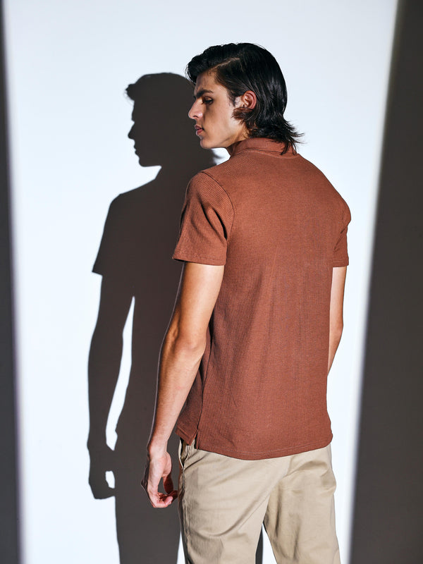 Clay Brown Waffle Knit Polo with zip for men online 