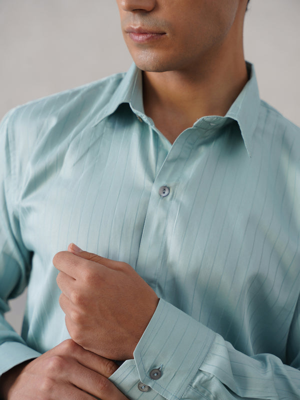 Aqua Green Pinstriped Satin Shirt  (PRE-ORDER)